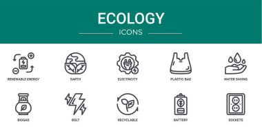 Rapor, sunum, diyagram, web tasarımı, mobil uygulama gibi yenilenebilir enerji, toprak, elektrik, plastik torba, su tasarrufu, biyogaz, cıvata vektör simgeleri gibi 10 ana hatlı ekoloji ikonu seti