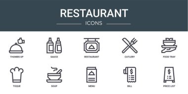 Rapor için 10 ana hatlı web restoran simgesi, başparmaklar yukarı, sos, restoran, çatal bıçak, yemek tepsisi, toque, çorba vektör simgeleri, sunum, diyagram, web tasarımı, mobil uygulama gibi