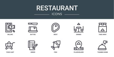 Fatura, tereyağı, et, akşam yemeği, paket servisi, yemek arabası, rapor için vektör simgeleri, sunum, diyagram, web tasarımı, mobil uygulama gibi 10 ana hatlı web restoranı simgesi seti