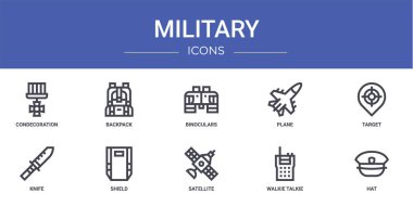 Rapor için konaklama, sırt çantası, dürbün, uçak, hedef, bıçak, kalkan vektör simgeleri, sunum, diyagram, web tasarımı, mobil uygulama gibi 10 ana hatlı web askeri simgesi seti