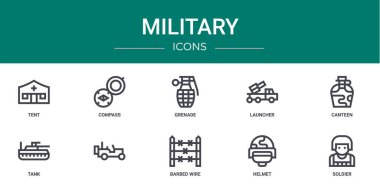 Rapor için çadır, pusula, el bombası, fırlatıcı, kantin, tank, vektör simgeleri, sunum, diyagram, web tasarımı, mobil uygulama gibi 10 ana hatlı web askeri simgesi seti