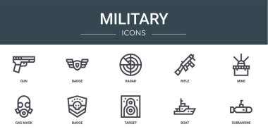 Silah, rozet, radar, tüfek, mayın, gaz maskesi, rapor, sunum, diyagram, web tasarımı, mobil uygulama gibi 10 ana hatlı web askeri simgesi seti