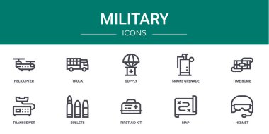 Rapor için helikopter, kamyon, arz, duman bombası, saatli bomba, alıcı-verici, mermi vektör simgeleri, sunum, diyagram, mobil uygulama gibi 10 ana hatlı web askeri simgesi seti