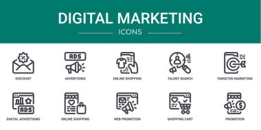 Rapor için 10 ana hatlı web dijital pazarlama ikonu, indirim, reklam, çevrimiçi alışveriş, yetenek araması, hedef pazarlama, dijital reklam, çevrimiçi alışveriş vektörü simgeleri gibi,