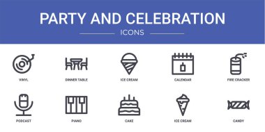 10 ana hatlı web partisi ve vinil, yemek masası, dondurma, takvim, ateş kırıcı, podcast, rapor için piyano vektör simgeleri, sunum, diyagram, web tasarımı, mobil