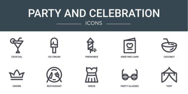 10 ana hatlı web partisi ve kokteyl, dondurma, havai fişek, tebrik kartı, hindistan cevizi, taç, restoran vektör simgeleri gibi kutlama simgeleri rapor için, sunum, diyagram, web tasarımı, mobil