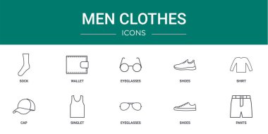 Rapor için çorap, cüzdan, gözlük, ayakkabı, gömlek, başlık, atlet vektör simgeleri, sunum, diyagram, web tasarımı, mobil uygulama gibi 10 ana hatlı web adamı giysi simgesi seti