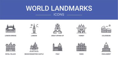 Londra Köprüsü, Londra, büyük sfenks, giza, hindi, kolezyum, kraliyet sarayı, neuschwanstein şatosu ikonu gibi 10 ana hatlı web dünyası simgesi ikonu sunumu, sunum için sunum, sunum,