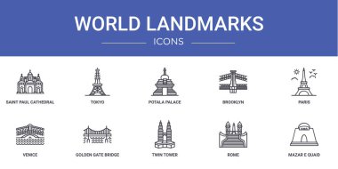 Saint Paul Katedrali, Tokyo, Potala Sarayı, Brooklyn, Paris, Venedik, rapor, sunum, diyagram, web gibi 10 ana hatlı web dünyası simgesi ikonu.