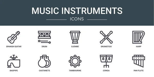 Conjunto Iconos Instrumentos Música Web Esquema Tales Como Guitarra Española — Vector de stock