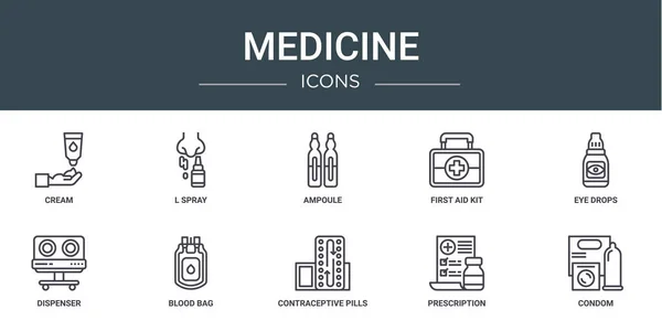 Set Outline Web Medicine Icons Cream Spray Ampoule First Aid — Stock Vector