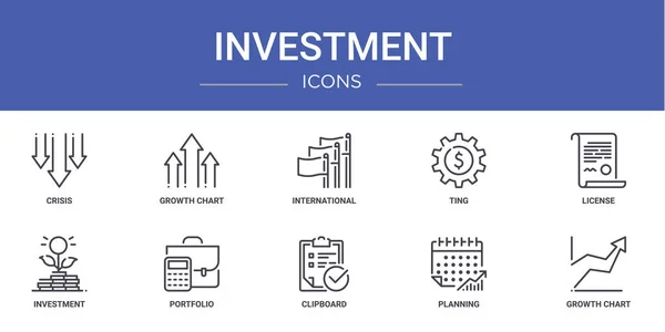 Set Icone Investimento Web Schema Come Crisi Grafico Crescita Internazionale — Vettoriale Stock