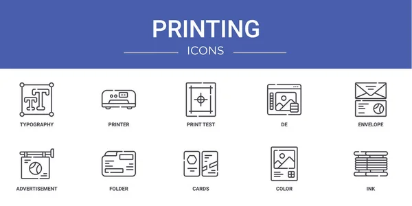 Conjunto Iconos Impresión Web Esquema Como Tipografía Impresora Prueba Impresión — Vector de stock