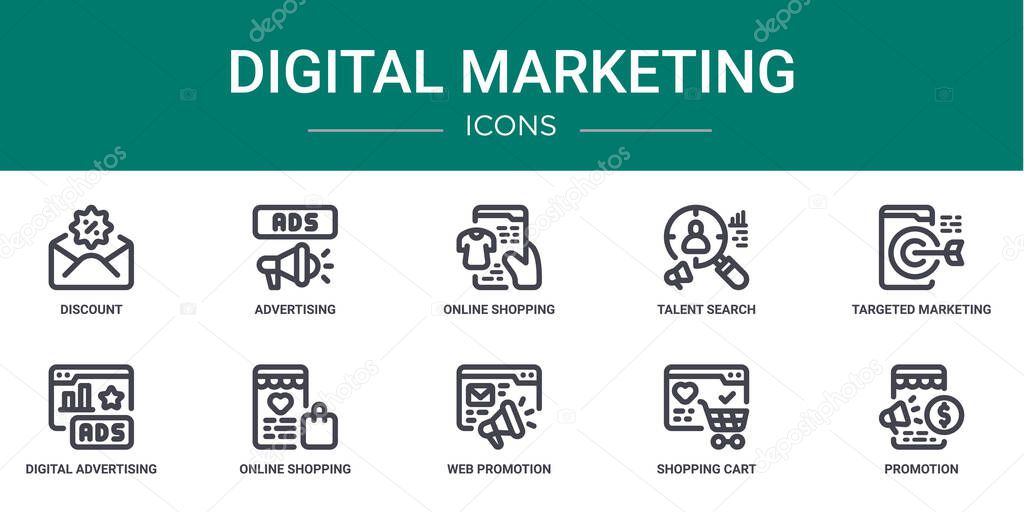 set of 10 outline web digital marketing icons such as discount, advertising, online shopping, talent search, targeted marketing, digital advertising, online shopping vector icons for report,