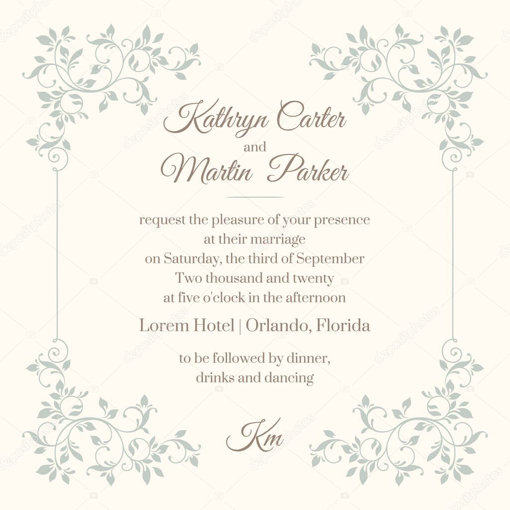 Floral frame. Template for greeting cards, invitations, menus. Graphic design page. Wedding invitation. 