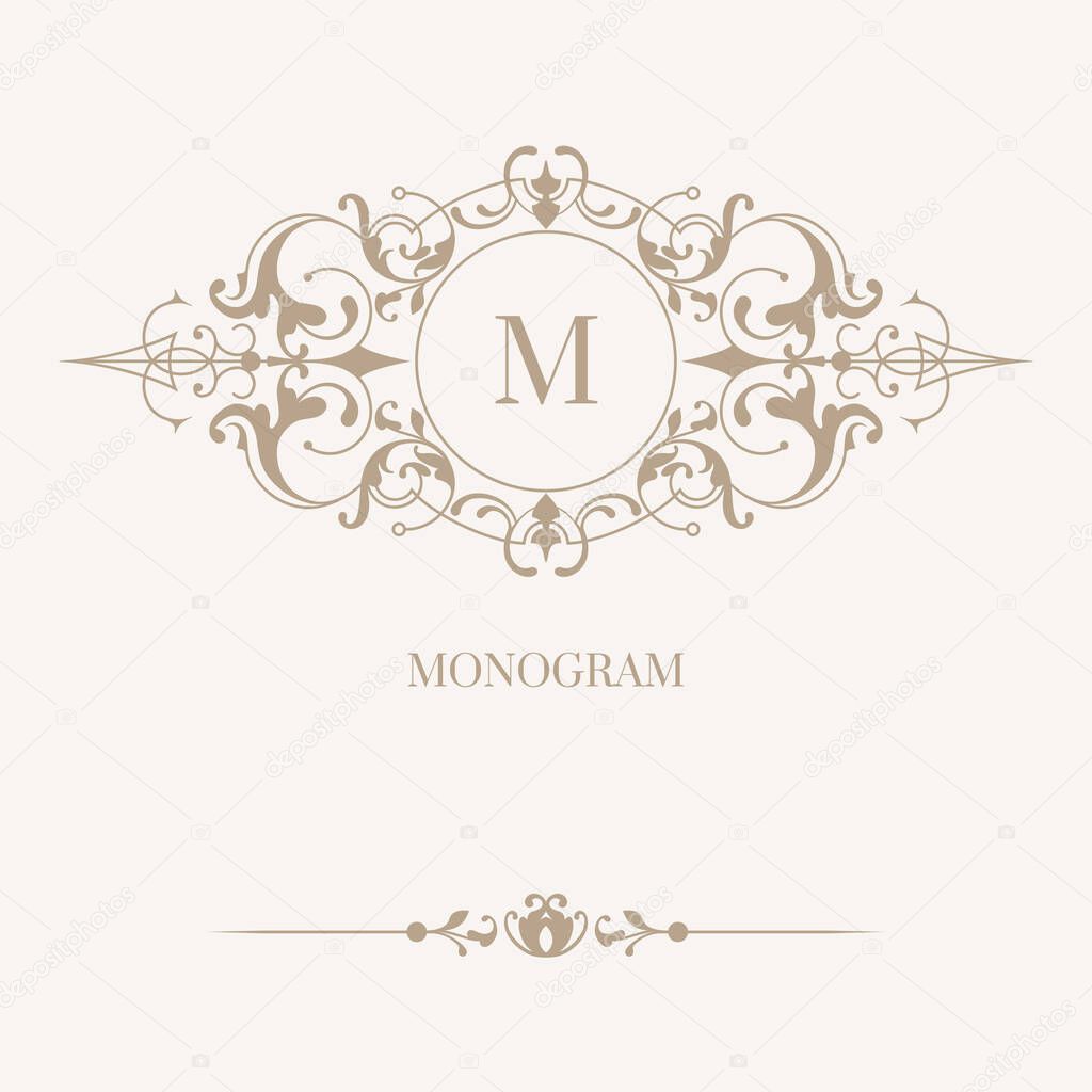 Floral frame monogram and border. Classic ornament. Template for cards, invitations, menus, labels. Graphic design pages, business sign, boutiques, cafes, hotels. Classic design elements for wedding invitations. 