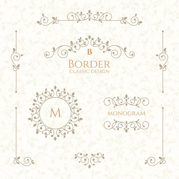 Set Decorative Borders Monograms Seamless Pattern Template Signage Labels Stickers — Stock Vector