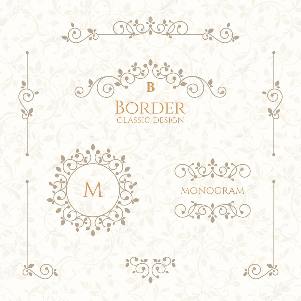 Set of decorative  borders, monograms and seamless pattern. Template signage, labels, stickers, cards. Graphic design page. Classic design elements for wedding invitations.