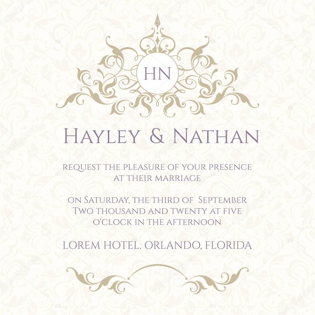 Graphic design page. Wedding invitation. Decorative floral border and monogram. Template for greeting cards, invitations, menus.
