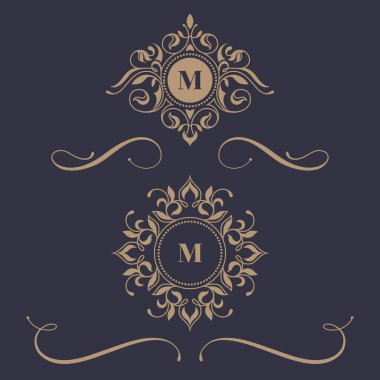 Çiçek Monogram ve Kenarlıklar kartları, Davetiyeler, menüler, etiketleri için. Grafik Tasarım sayfaları, iş işareti, butikler, kafeler, oteller. Klasik tasarım öğeleri için düğün davetiyeleri. 