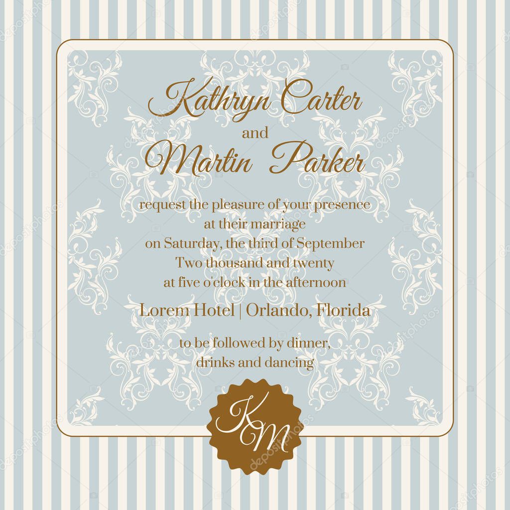 Wedding invitation. Design classic cards. Decorative floral frame. Template for greeting cards, invitations.