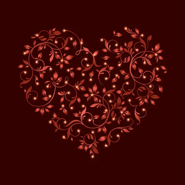 Red Heart Glowing Lights Lace Heart Floral Pattern Elegant Cards — Stockový vektor