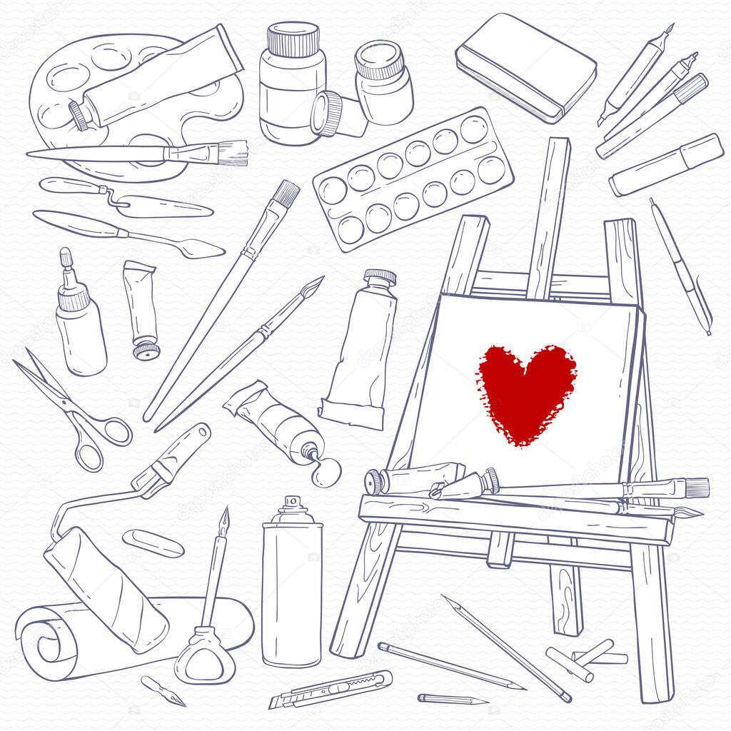 Set of art tools. Black and white objects. Line hand-drawing art supplies.