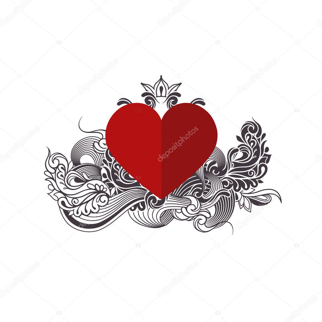 Red heart with black and white doodle pattern. Valentine card. Hand-drawing  ornament. Vector illustration.