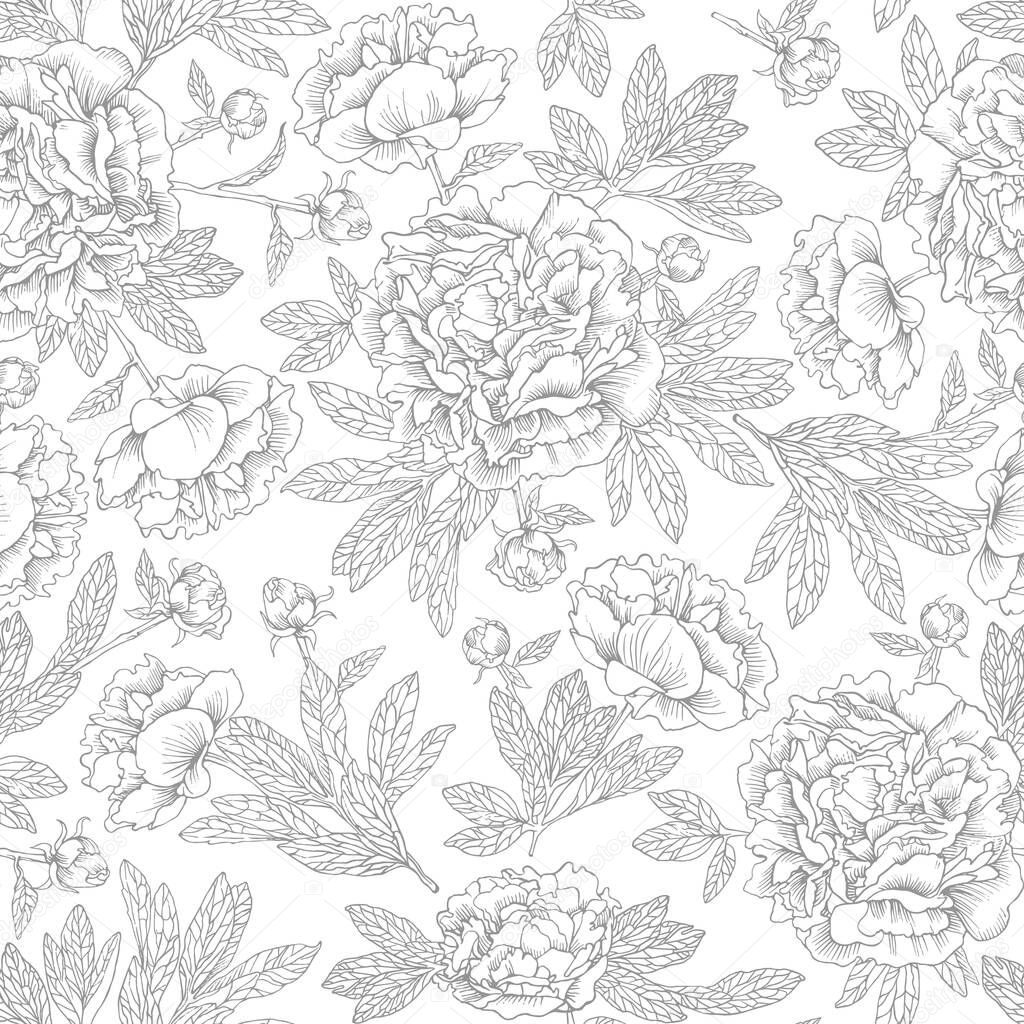 Hand drawn ink peonies. Decorative background. Seamless pattern of contour flowers.