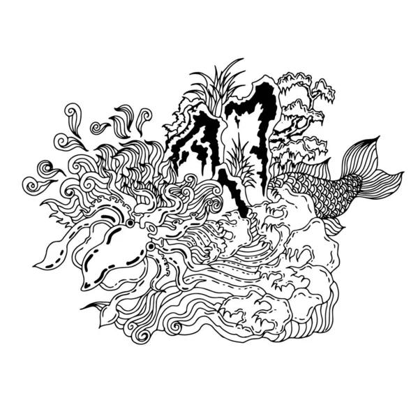 Tasarım vektör çizgisi kalamar, dalga ve balık. Boyama sayfası için tasarım. Çizgi çizimi, karalama, dövme için çizgi sanatı. Japon sanatı..
