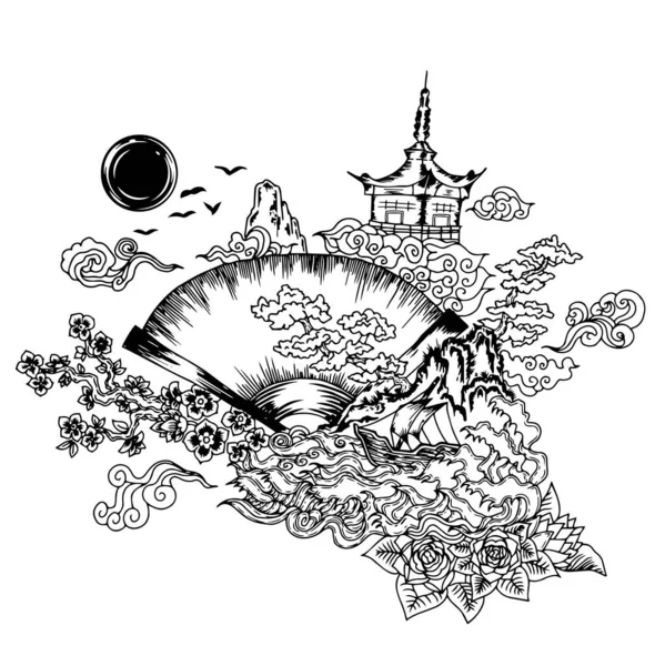 güzel vektör çizgisi boyama el yelpazesi fanı Japonya. tasarım renklendirme ana hatları japan tarzı. çiçek hattı sanatı.