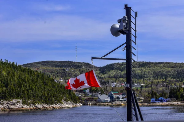 Closeup Canadian Flag Ferry Forest Village Background Tadoussac Quebec Canada — Stock Photo, Image