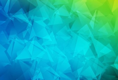 Açık mavi, yeşil vektör parlayan üçgen düzen. Üçgenli parlak renkli çizimler. İş tasarımınız için yepyeni bir tarz.