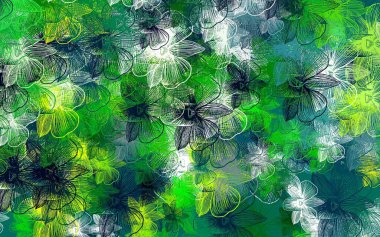 Açık yeşil, sarı vektör karalama deseni ve çiçekler. Çiçekli modern soyut illüstrasyon. Ağ ve ambalaj için elle boyanmış tasarım.