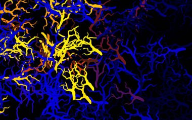 Koyu mavi, kırmızı vektör arka planda yapraklar ve dallarla karalama yapıyor. Soyut şablona karalamalar çizilmiş bir resim. İş tasarımınız için yepyeni bir tarz.