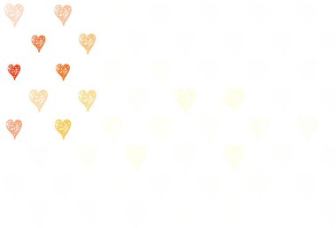 Açık Kırmızı, sarı vektör arkaplan ve tatlı kalpler. Soyut şablondaki kalplerle parlayan illüstrasyon. Karnaval için şablon, festival için romantik broşürler.