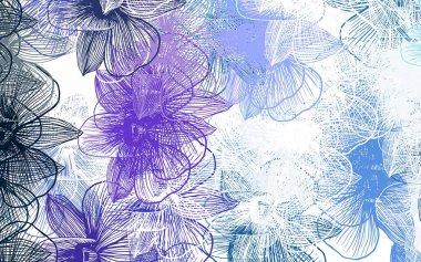 Açık pembe, çiçekli mavi vektör karalama deseni. Beyaz arka planda çiçeklerin dekoratif tasarımı. İş tasarımınız için yepyeni bir tarz.