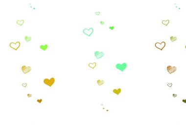 Kalpli hafif çokrenkli vektör arkaplanı. Renkli arkaplanda güzel soyut kalpler. Karnaval için şablon, festival için romantik broşürler.