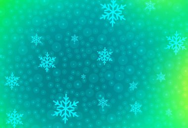 Açık yeşil vektör düzeni yeni yıl tarzında. Xmas stili dizayn, Xmas topları, kar taneleri. Harfler ve tipografi için şablon.