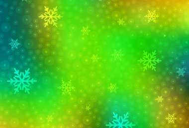 Açık yeşil, karnaval tarzında sarı vektör şablonu. Renkli kar taneleri ve Noel baloları olan bir resim. Harfler ve tipografi için şablon.