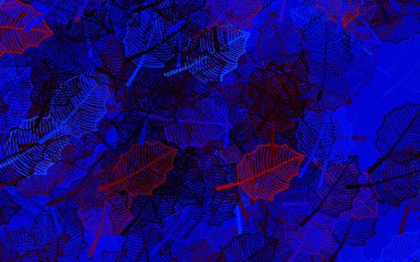 Koyu mavi, kırmızı vektör arka planı yapraklarla karalıyor. Doğal yaprağı olan zarif, parlak bir illüstrasyon. Web sitesi yöneticileri ve tasarımları için desen.