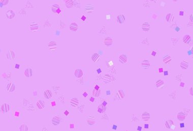 Açık Mor, daireli, çizgili, dikdörtgenli pembe vektör düzeni. Renkli daireler, üçgenler, kareler çizilmiş bir resim. İniş sayfası için modern şablon.