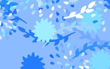 Çiçek illüstrasyonlu, renkli ve soyut karalama çiçekleri olan hafif Mavili vektör arkaplanı. Markan için şık bir model..