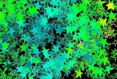 Koyu yeşil vektör düzeni parlak kar taneleri, yıldızlar. Değişken kar taneleri olan renkli kar taneleri. Yeni yıl reklamı için tasarım, kitapçıklar.