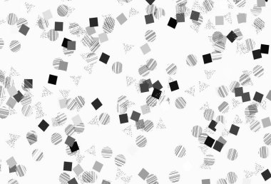 Kristalleri, daireleri, kareleri olan açık gri bir vektör şablonu. Renkli noktaları, çizgileri, küpleri olan soyut çizimler. Web siteleri için desen.