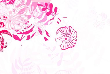 Açık pembe vektör, yaprakları ve çiçekleri olan zarif bir arka plan. Yapraklı soyut illüstrasyon, karalama tarzında çiçekler. Tasarımınız için yeni şablon.