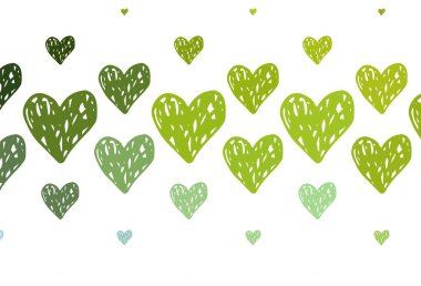 Açık yeşil, tatlı kalpli sarı vektör arkaplan. Soyut şablondaki kalplerle parlayan illüstrasyon. Sevgililer günü ilanı ve kitapçıkları için bir model..