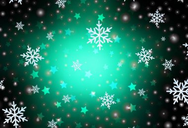 Koyu yeşil vektör düzeni parlak kar taneleri, yıldızlar. Gradyan kar formlarıyla parlayan renkli çizimler. Yeni Yıl web siteleri için desen.