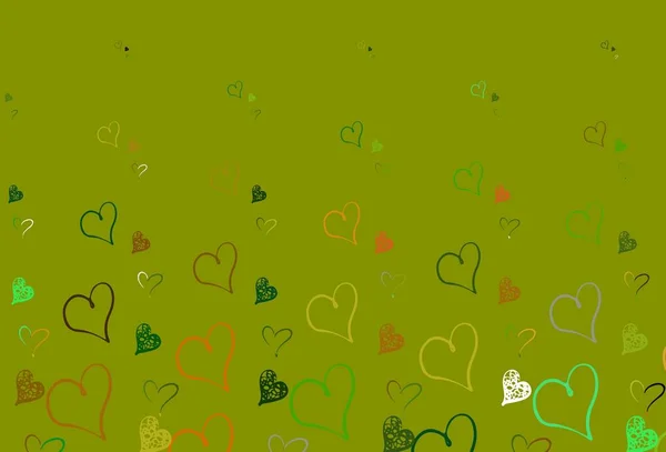 Verde Claro Patrón Vector Amarillo Con Corazones Coloridos Ilustración Brillante — Archivo Imágenes Vectoriales