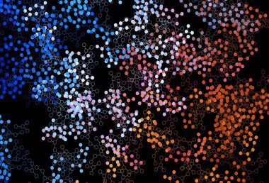 Koyu mavi, kırmızı vektör arka plan ve yapay zeka formları. Renkli yapay zeka yapısı, eğimli çizgiler ve noktalar. Poster ve teknoloji sembolü.